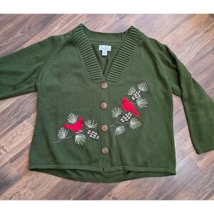 Womens 3X Olive Green Cardinal Embroidery cardigan grandma cottage cabincore